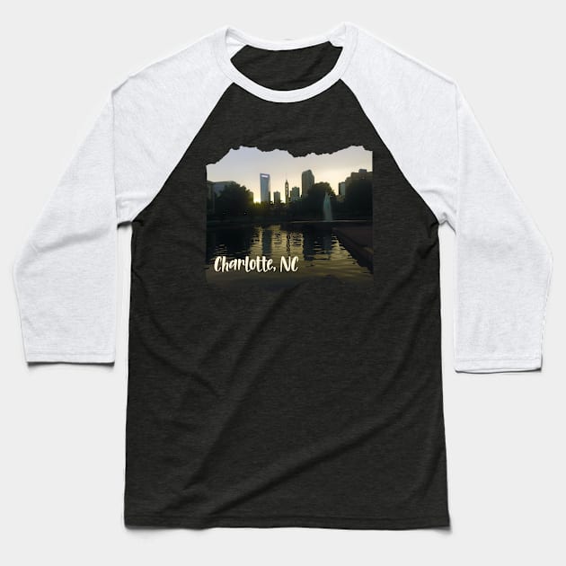 Cool photography of Charlotte North Carolina skyline blue sky sunset USA city break Baseball T-Shirt by BoogieCreates